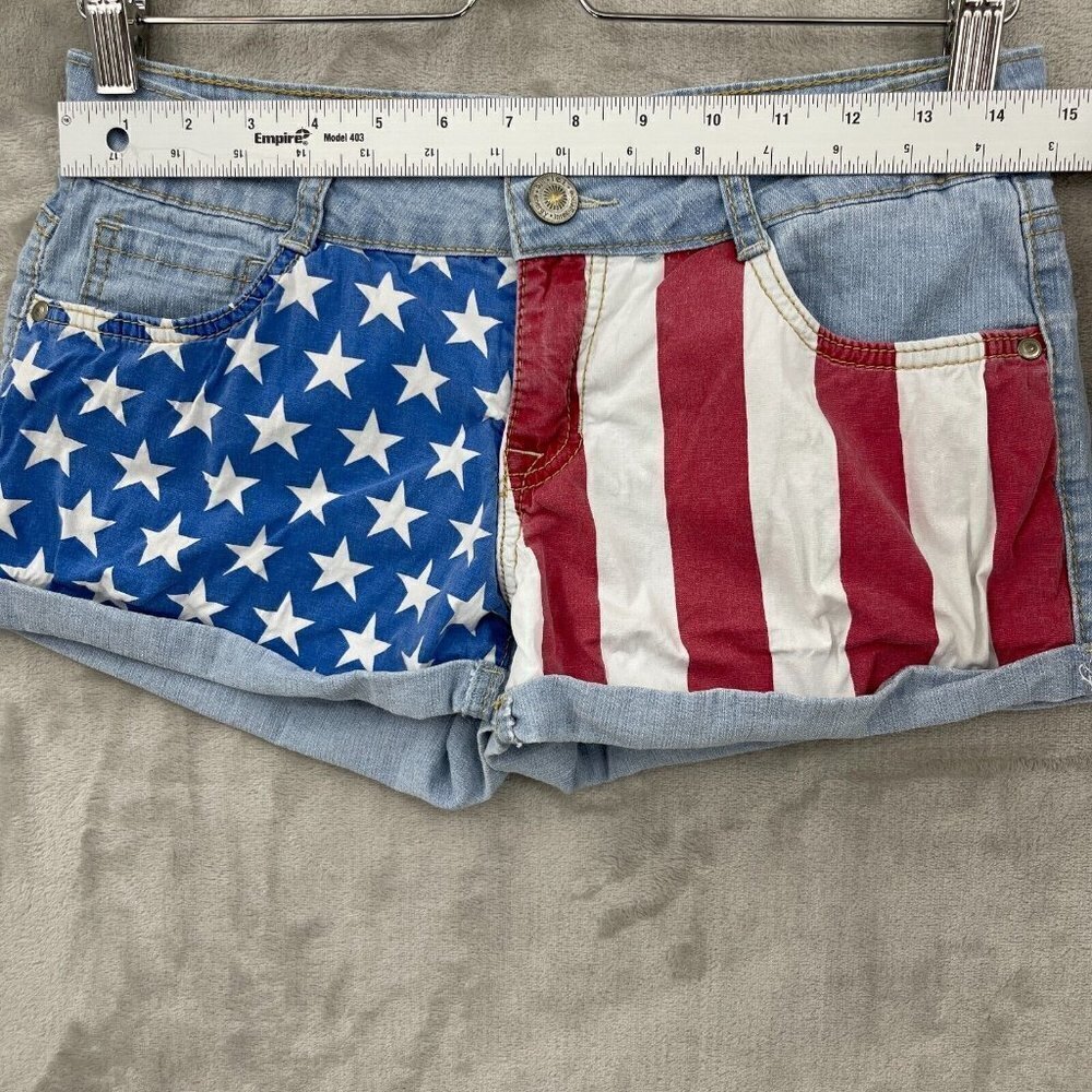 L.e.i. US American Flag Print Low Rise Denim Cuffed Shorts Retro Y2K - Picture 8 of 10